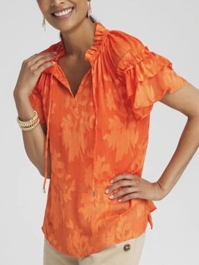 NWT Chicos Women’s Textured Floral Chiffon Ruffle Neck Blouse Top Sz 0 Rt $89.50